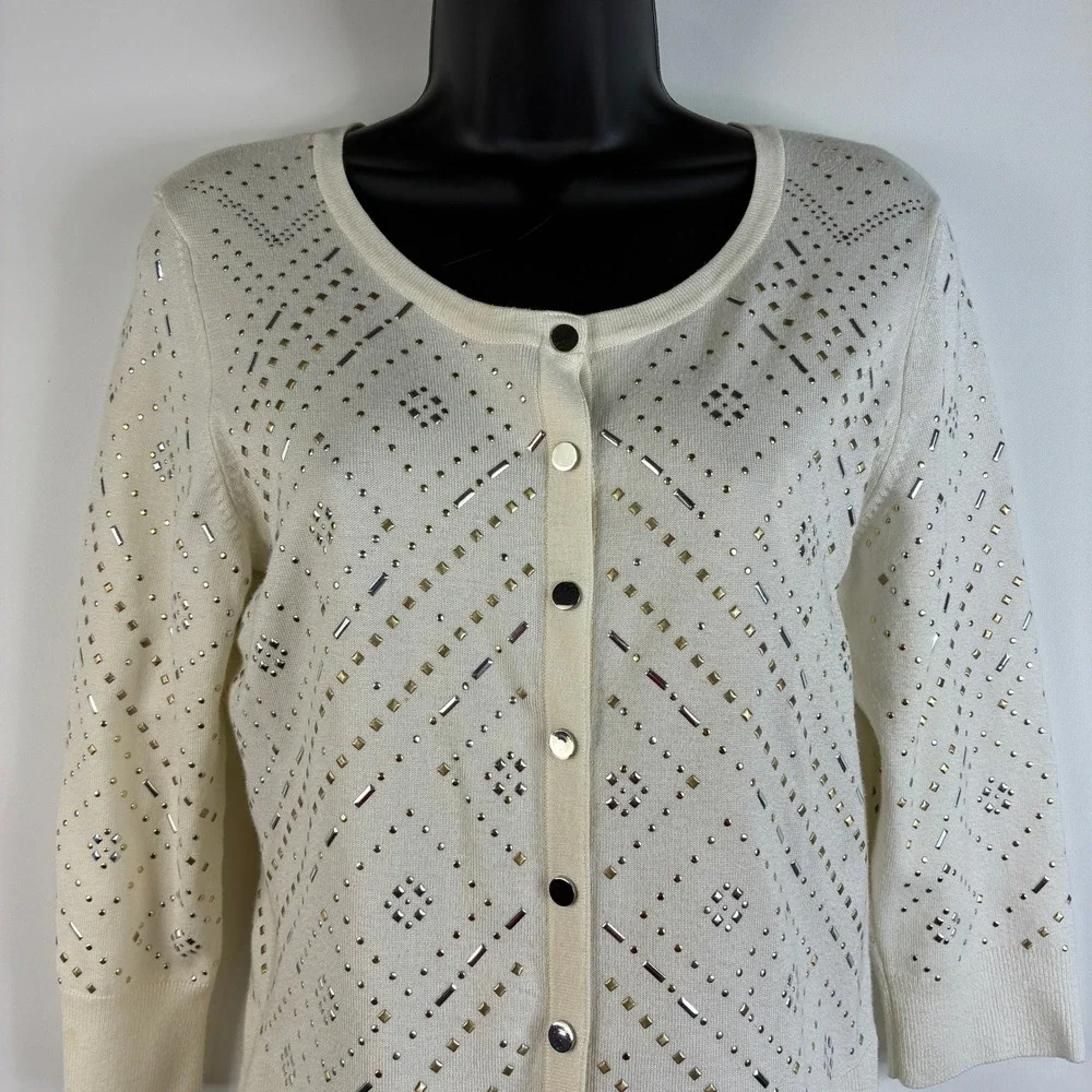White House Black Market Ecru Size Small Embellished Cardigan‎ Cream  3/4 Sleeve